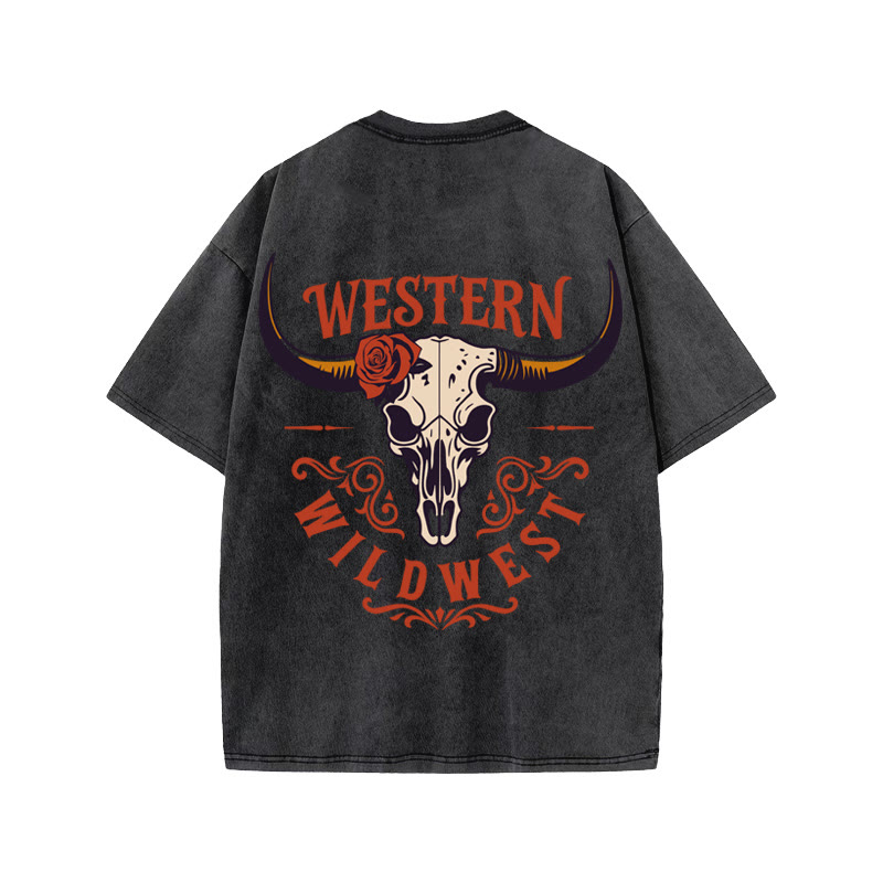 Unisex 100% Cotton Western Wildwest Print Acid Washed T-shirt