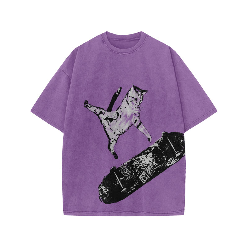 Unisex 100% Cotton Street Skate Cat Print Acid Washed T-shirt - Purple - US20-22(3XL) - image 9