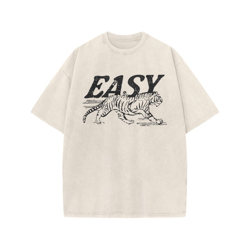 Unisex 100% Cotton Easy Tiger Print Acid Washed T-shirt