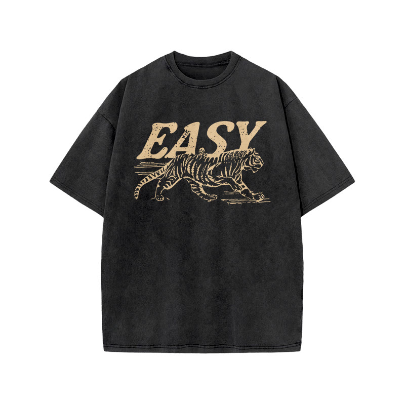 Unisex 100% Cotton Easy Tiger Print Acid Washed T-shirt