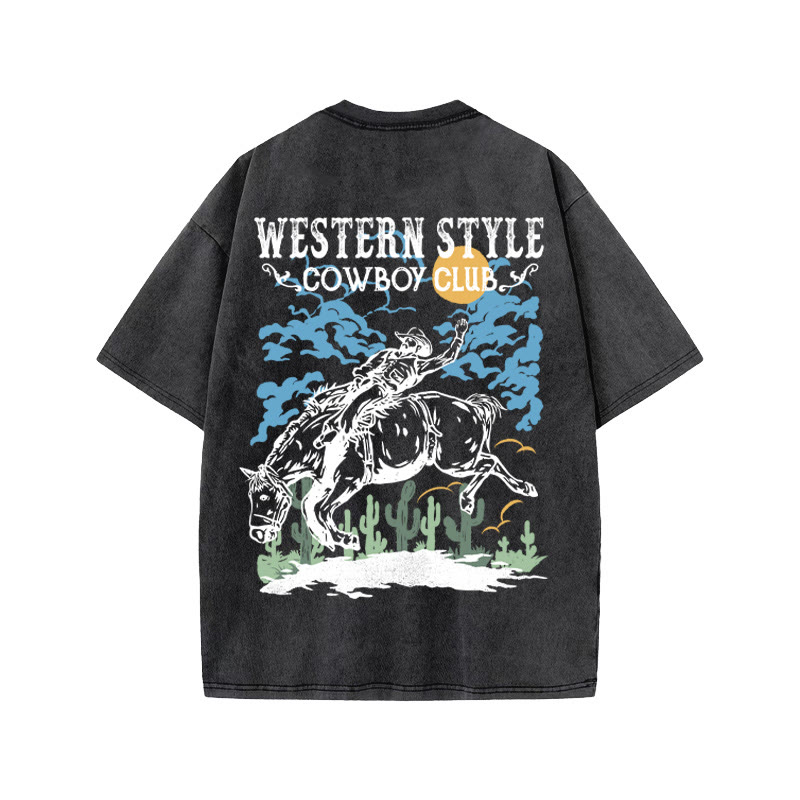 Unisex 100% Cotton Western Style Print Acid Washed T-shirt