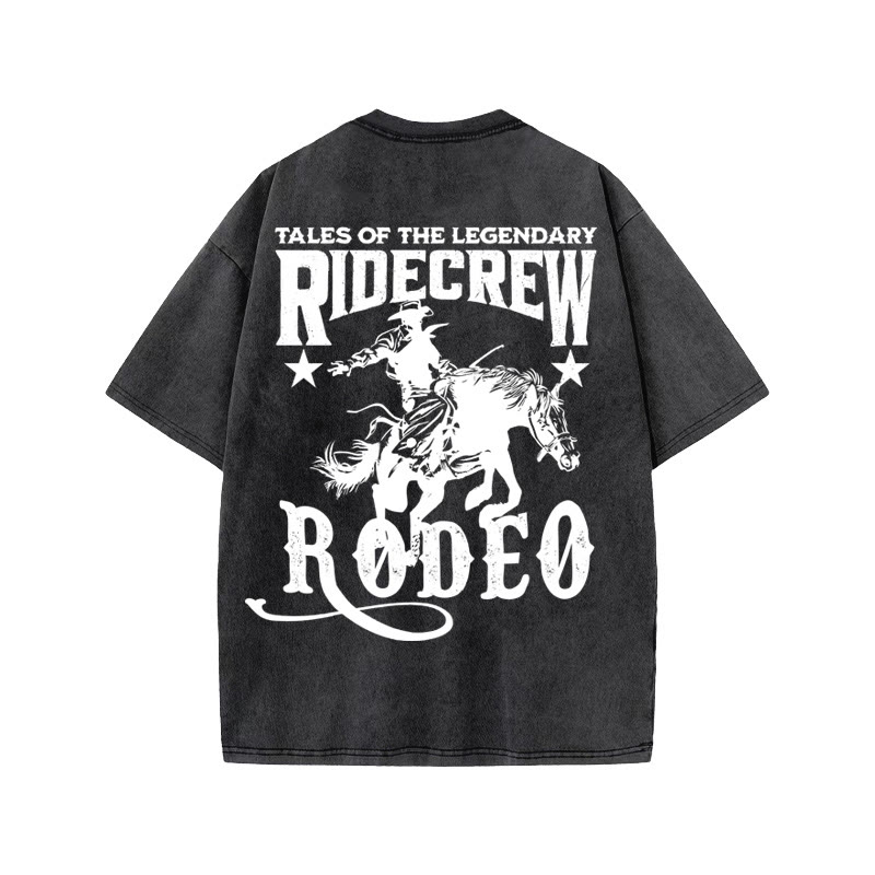 Unisex 100% Cotton RODEO Western Style Print Acid Washed T-shirt