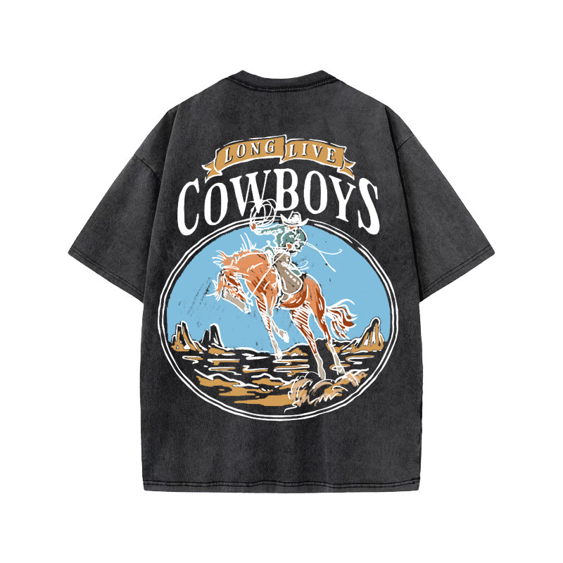 Unisex 100% Cotton COWBOYS Western Style Print Acid Washed T-shirt