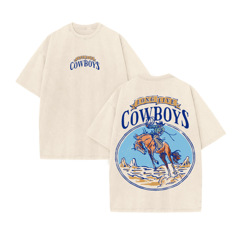Unisex 100% Cotton COWBOYS Western Style Print Acid Washed T-shirt