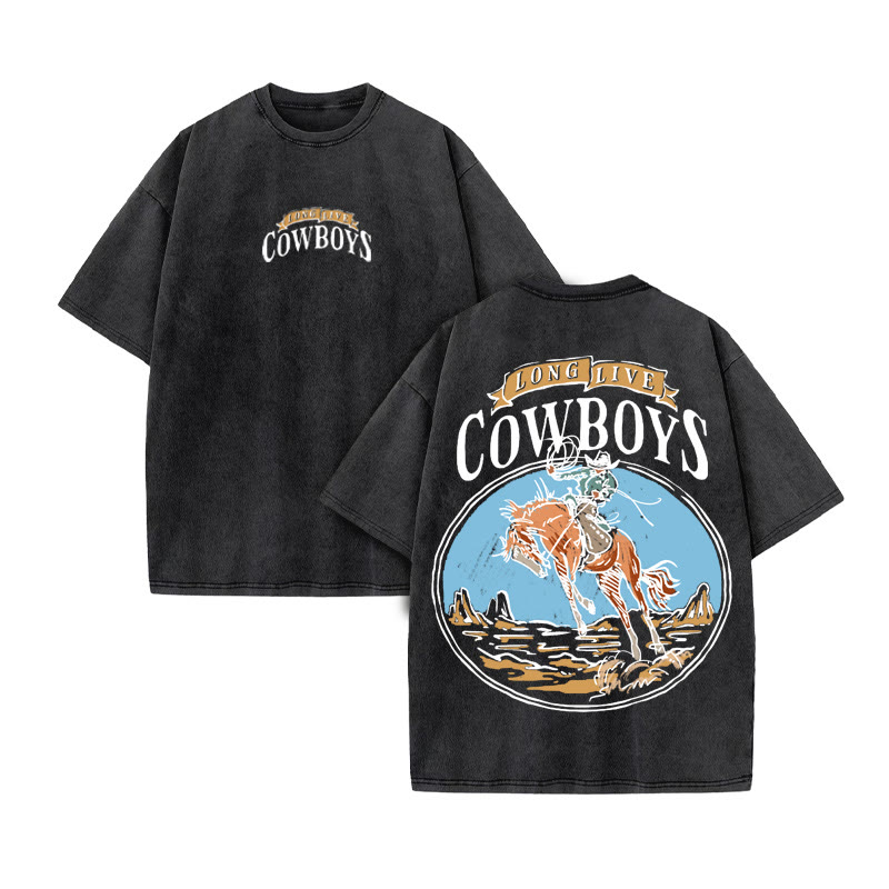 Unisex 100% Cotton COWBOYS Western Style Print Acid Washed T-shirt