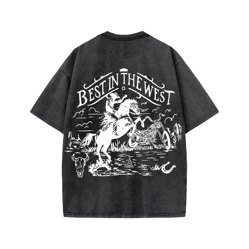 Unisex 100% Cotton BEST IN WEST Western Style Print Acid Washed T-shirt