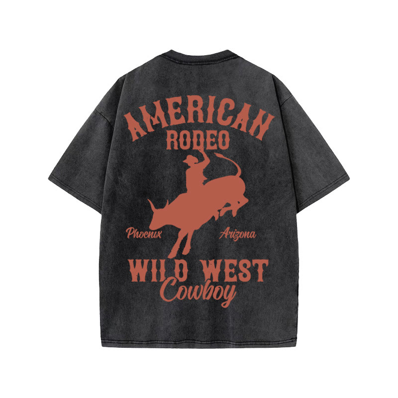 Unisex 100% Cotton RODEO Western Style Print Acid Washed T-shirt