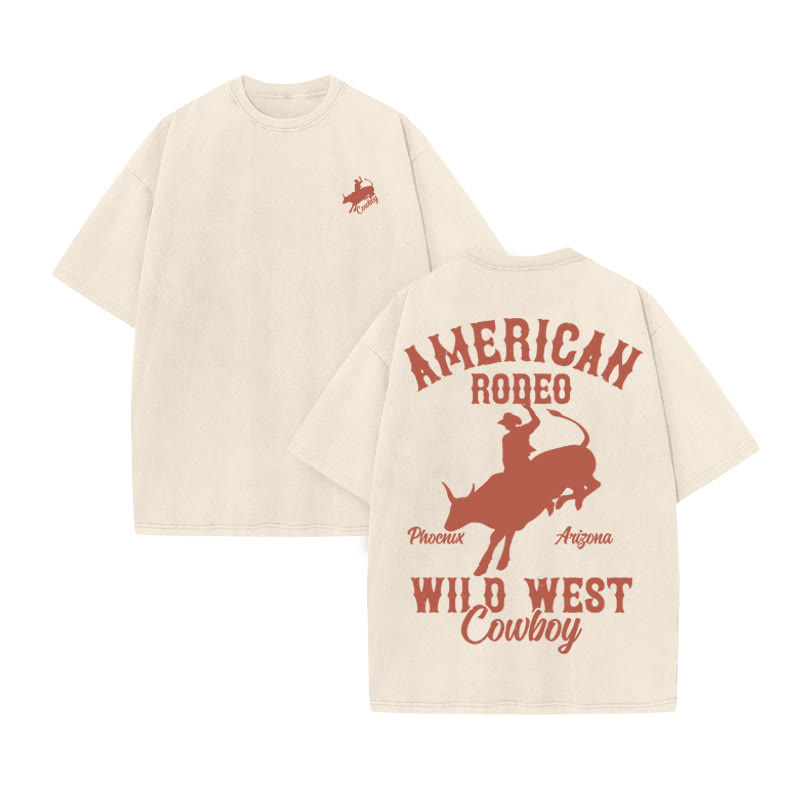 Unisex 100% Cotton RODEO Western Style Print Acid Washed T-shirt