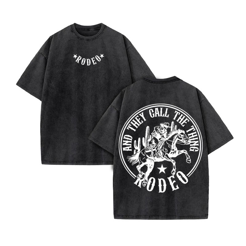 Unisex 100% Cotton RODEO Western Style Print Acid Washed T-shirt