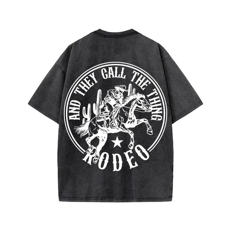 Unisex 100% Cotton RODEO Western Style Print Acid Washed T-shirt