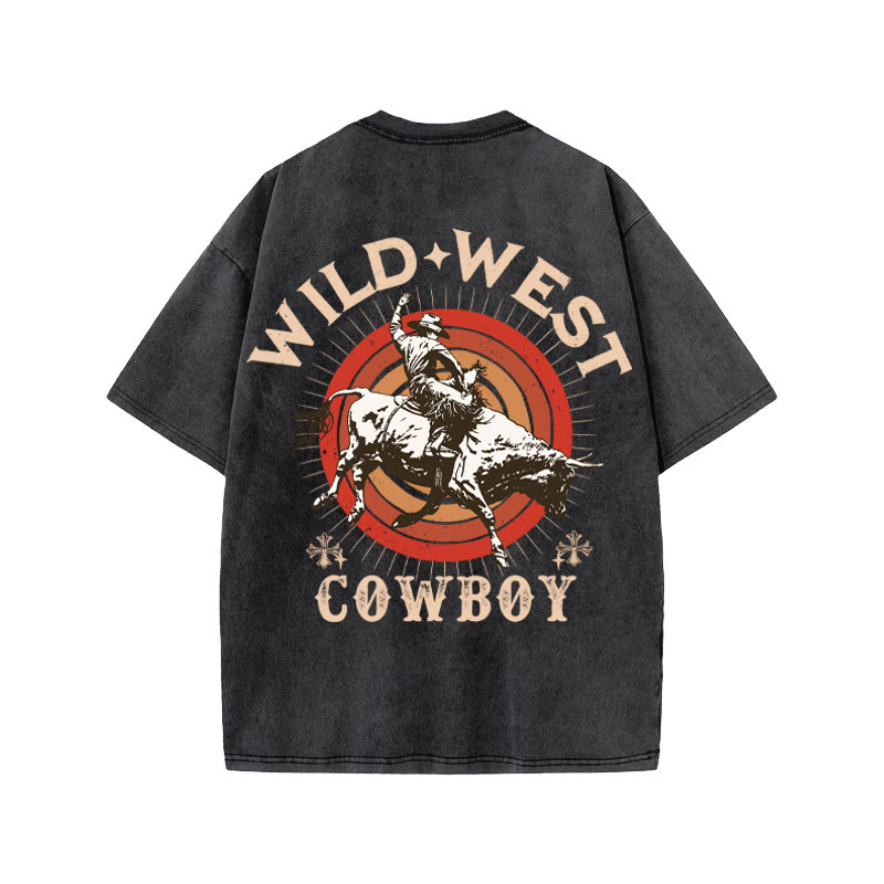 Unisex 100% Cotton Wild Western Style Print Acid Washed T-shirt