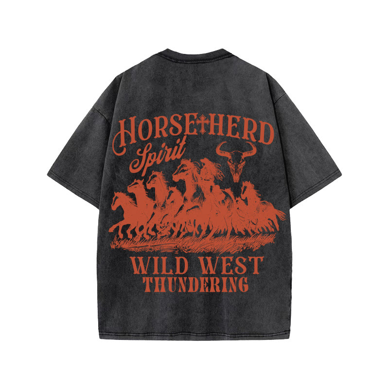 Unisex 100% Cotton Wild Western Style Print Acid Washed T-shirt