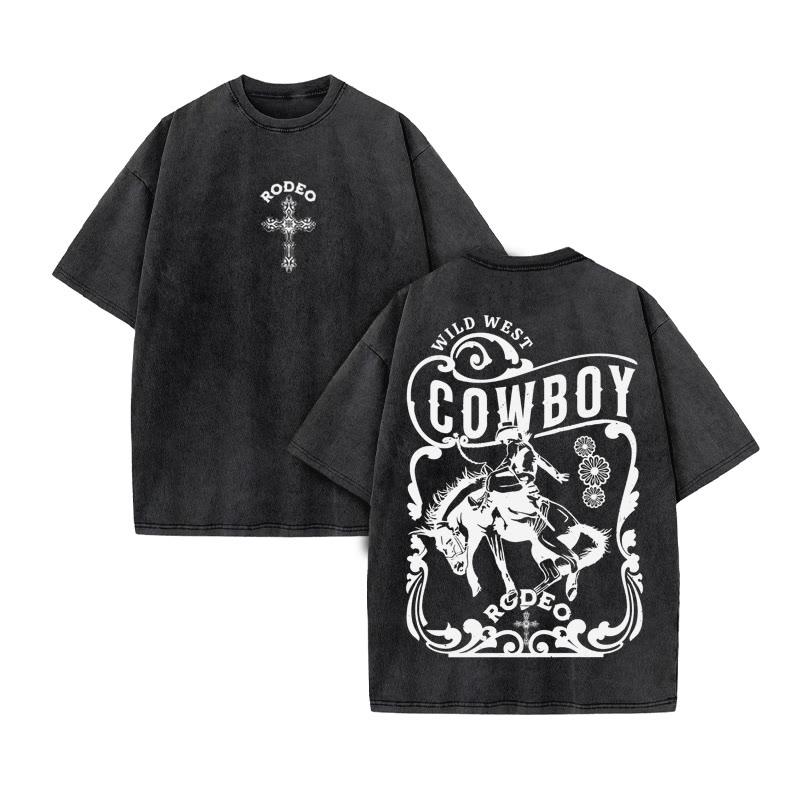 Unisex 100% Cotton RODEO Western Style Print Acid Washed T-shirt