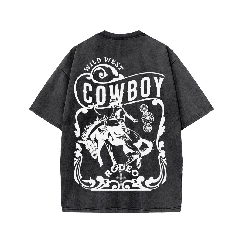 Unisex 100% Cotton RODEO Western Style Print Acid Washed T-shirt