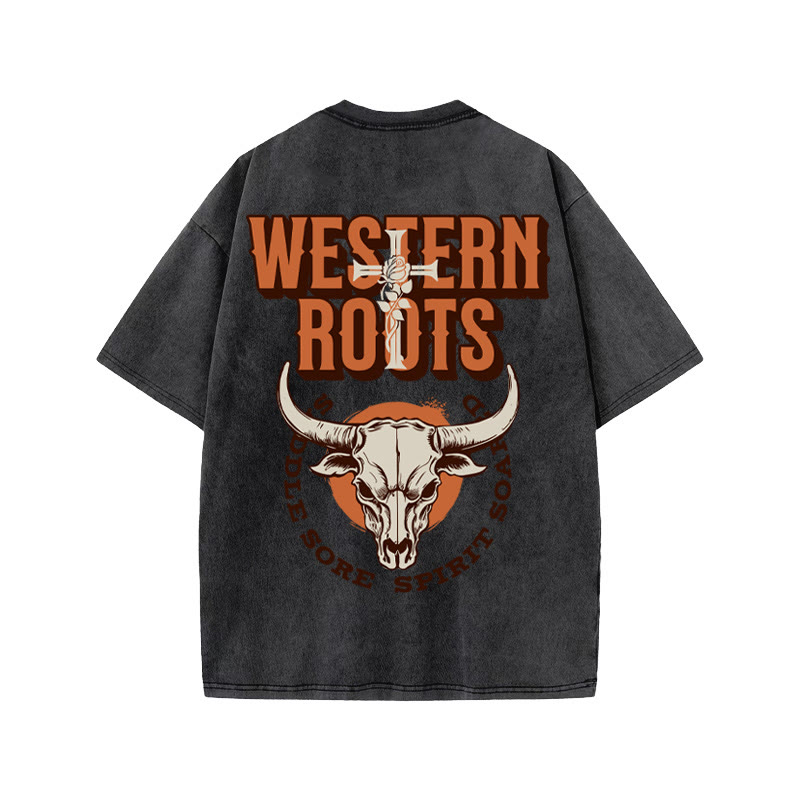 Unisex 100% Cotton WESTERN ROOTS Western Style Print Acid Washed T-shirt