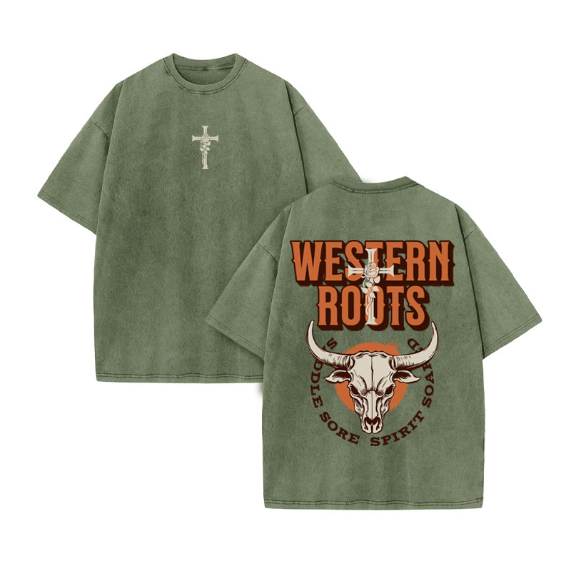 Unisex 100% Cotton WESTERN ROOTS Western Style Print Acid Washed T-shirt