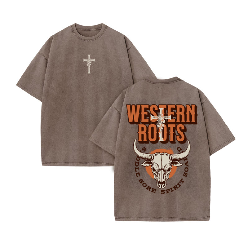 Unisex 100% Cotton WESTERN ROOTS Western Style Print Acid Washed T-shirt