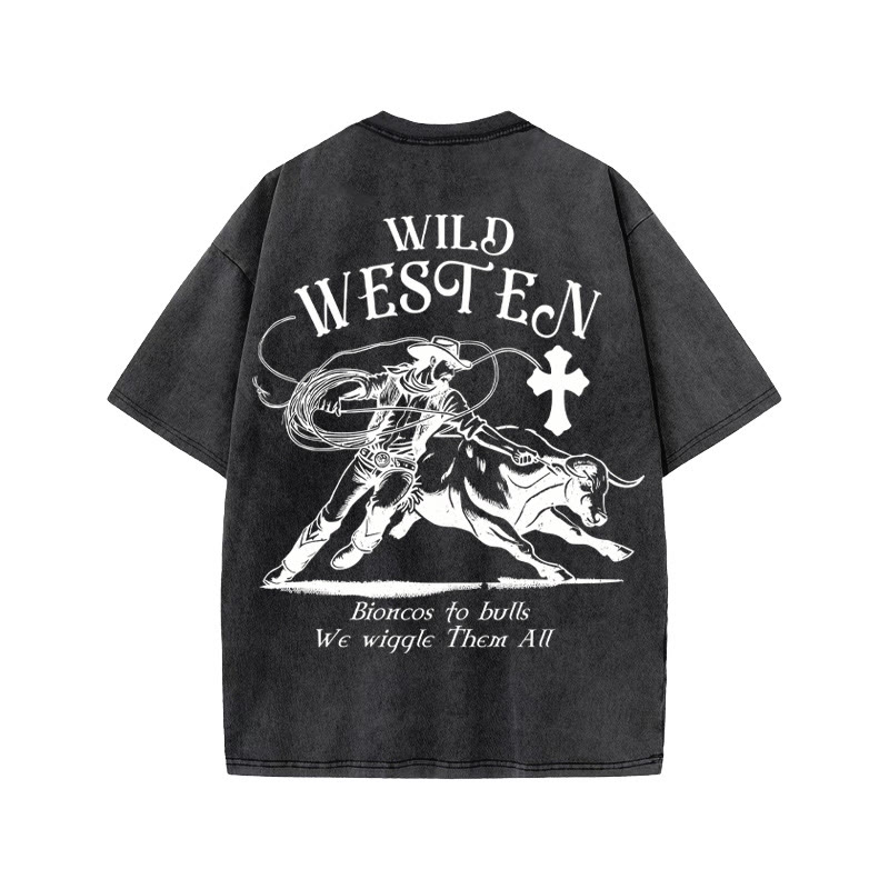 Unisex 100% Cotton WILD WESTERN Western Style Print Acid Washed T-shirt