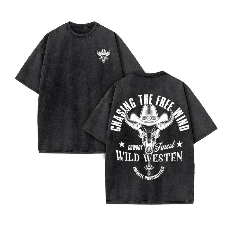 Unisex 100% Cotton COWBOY FUNEST Western Style Print Acid Washed T-shirt