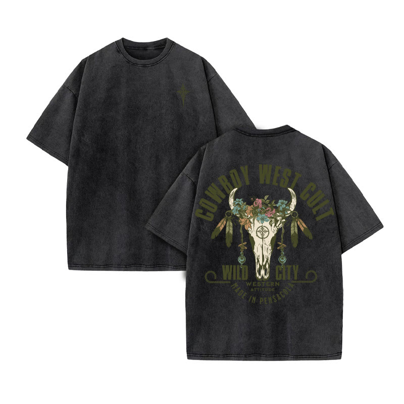 Unisex 100% Cotton COWBOY WEST CULT Western Style Print Acid Washed T-shirt