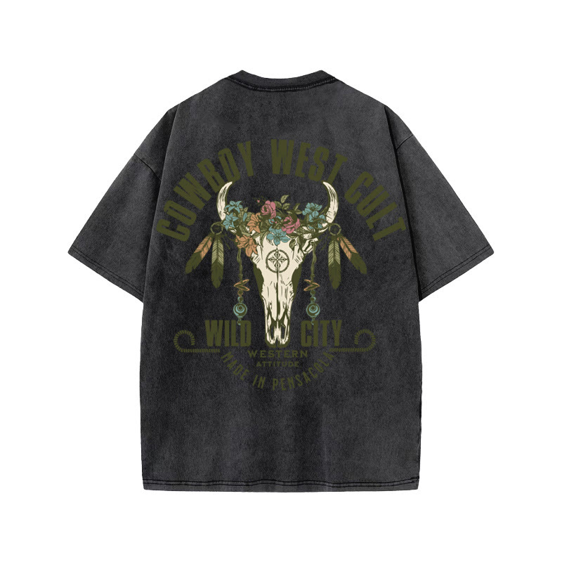Unisex 100% Cotton COWBOY WEST CULT Western Style Print Acid Washed T-shirt
