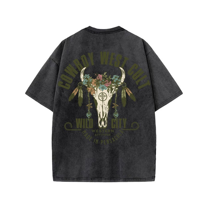 Unisex 100% Cotton COWBOY WEST CULT Western Style Print Acid Washed T-shirt