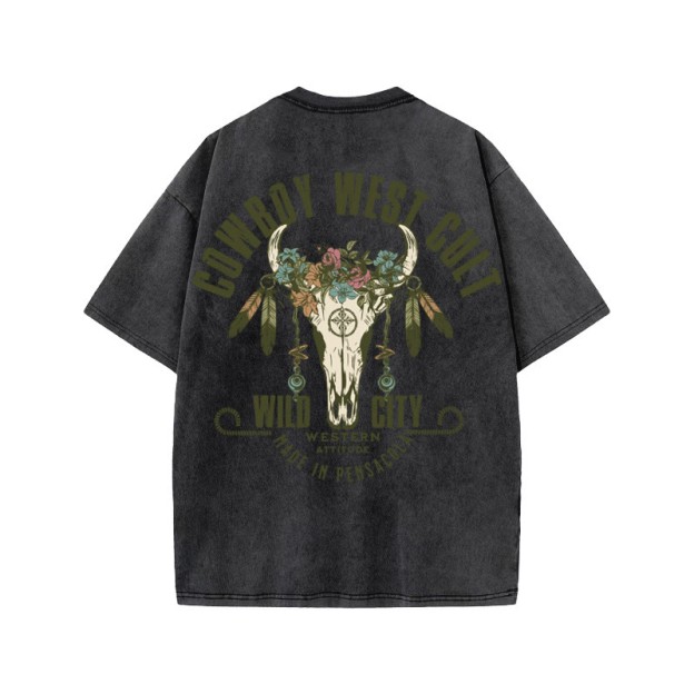 Unisex 100% Cotton COWBOY WEST CULT Western Style Print Acid Washed T-shirt