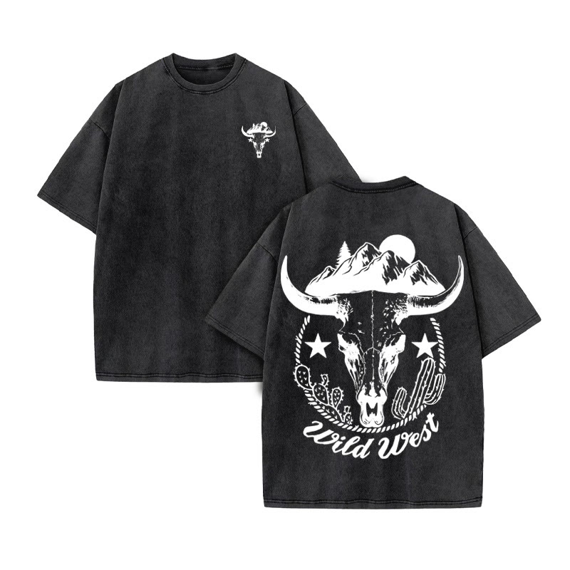 Unisex 100% Cotton WILD WESTERN Western Style Print Acid Washed T-shirt