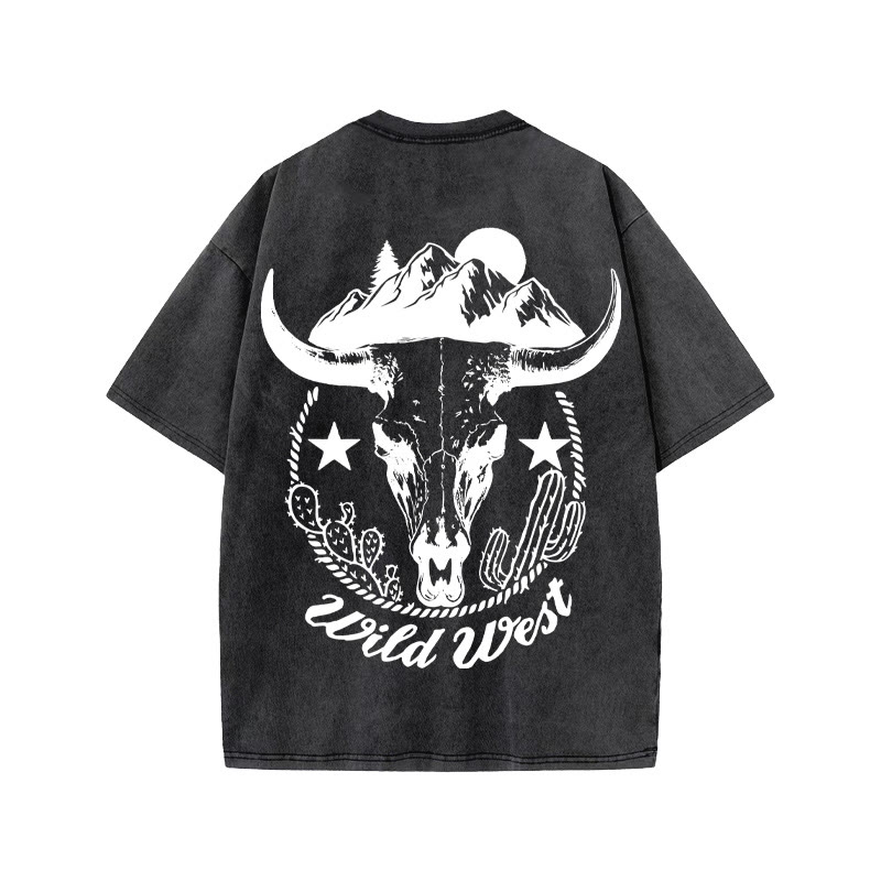 Unisex 100% Cotton WILD WESTERN Western Style Print Acid Washed T-shirt
