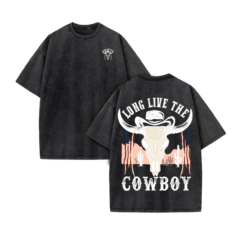 Unisex 100% Cotton COWBOY Western Style Print Acid Washed T-shirt