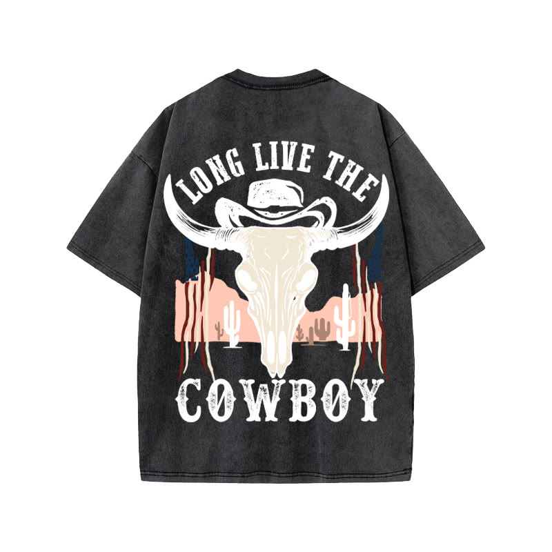 Unisex 100% Cotton COWBOY Western Style Print Acid Washed T-shirt