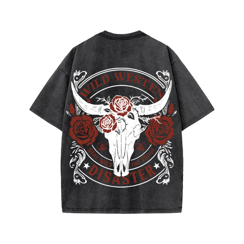 Unisex 100% Cotton Wild Western Style Print Acid Washed T-shirt