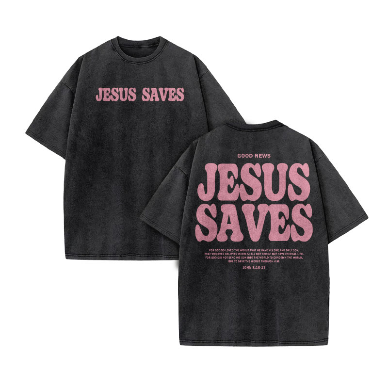 Unisex 100% Cotton Jesus Saves Print Acid Washed T-shirt