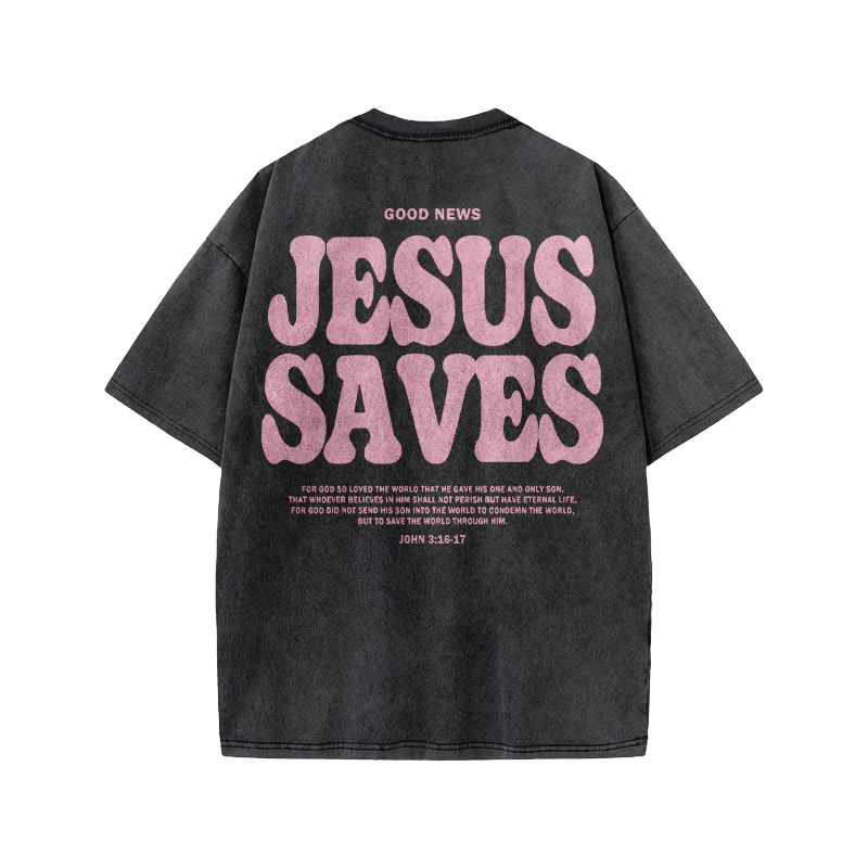 Unisex 100% Cotton Jesus Saves Print Acid Washed T-shirt