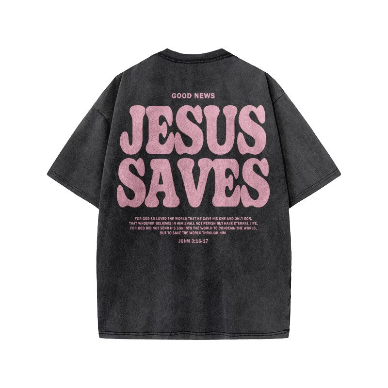 Unisex 100% Cotton Jesus Saves Print Acid Washed T-shirt