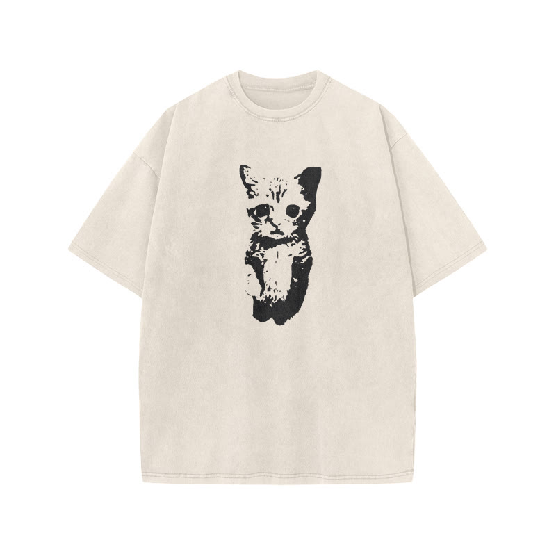 Unisex 100% Cotton Cute Cat Print Acid Washed T-shirt - Beige - US20-22(3XL) - image 3