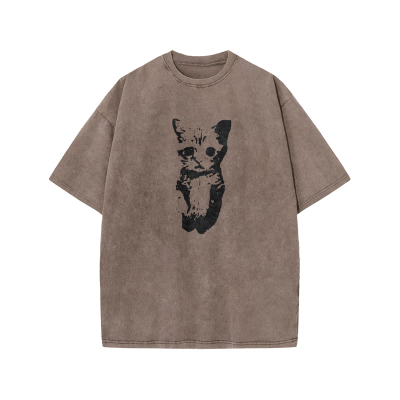 Unisex 100% Cotton Cute Cat Print Acid Washed T-shirt - Coffee - US20-22(3XL) - image 7