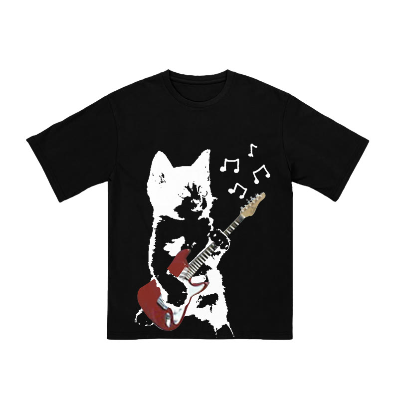 Unisex 100% Cotton Cat Playing Electric Guitar Print T-shirt - Black - US16-18(2XL) - image 2