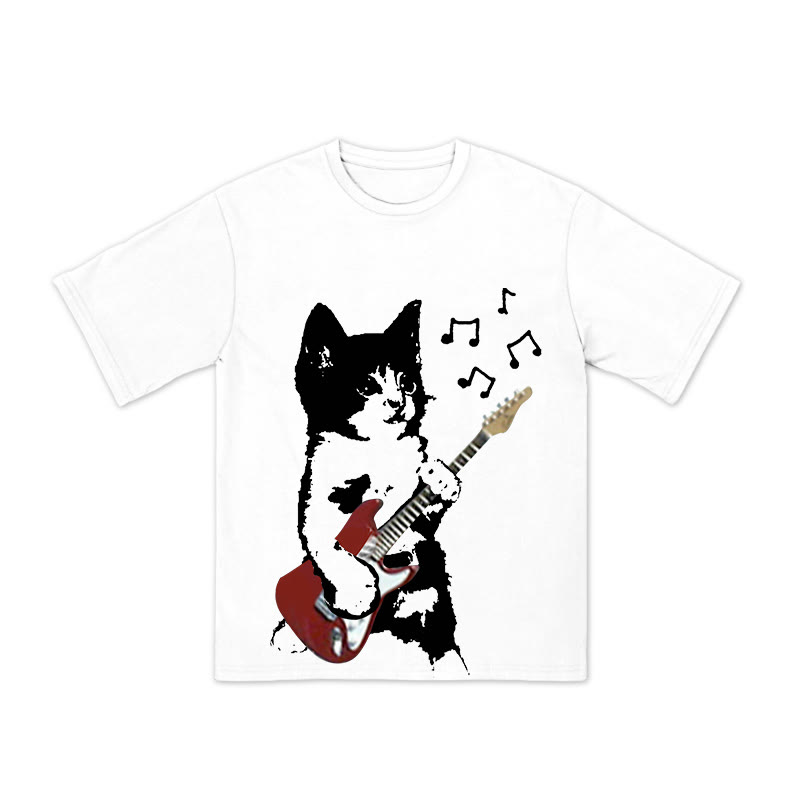 Unisex 100% Cotton Cat Playing Electric Guitar Print T-shirt - White - US16-18(2XL) - image 1