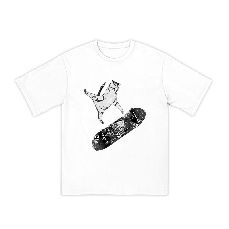 Unisex 100% Cotton Skateboarding Cat Print T-shirt - White - US16-18(2XL) - image 2