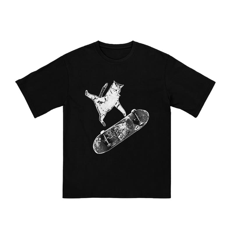 Unisex 100% Cotton Skateboarding Cat Print T-shirt - Black - US16-18(2XL) - image 1