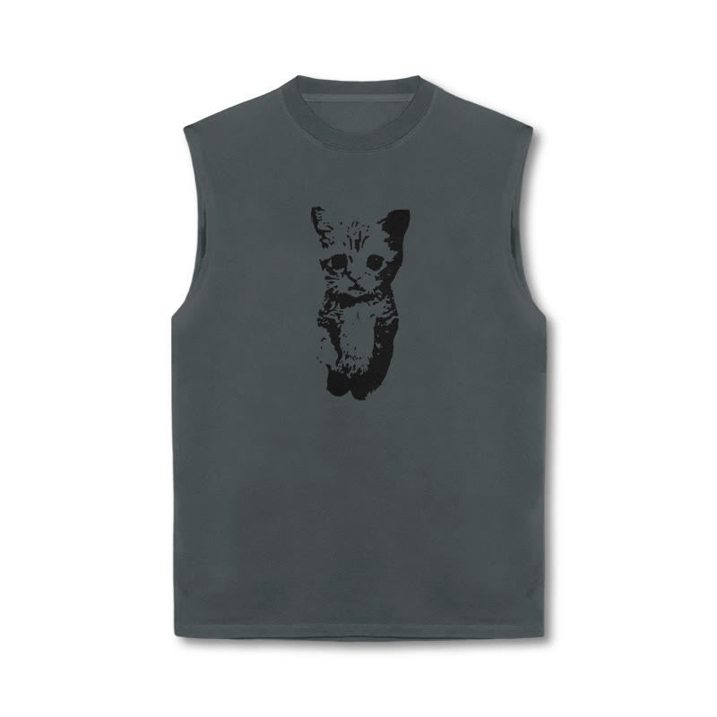 Unisex 100% Cotton Cute Cat Print Tank Top - Grey - US16-18(2XL) - image 3