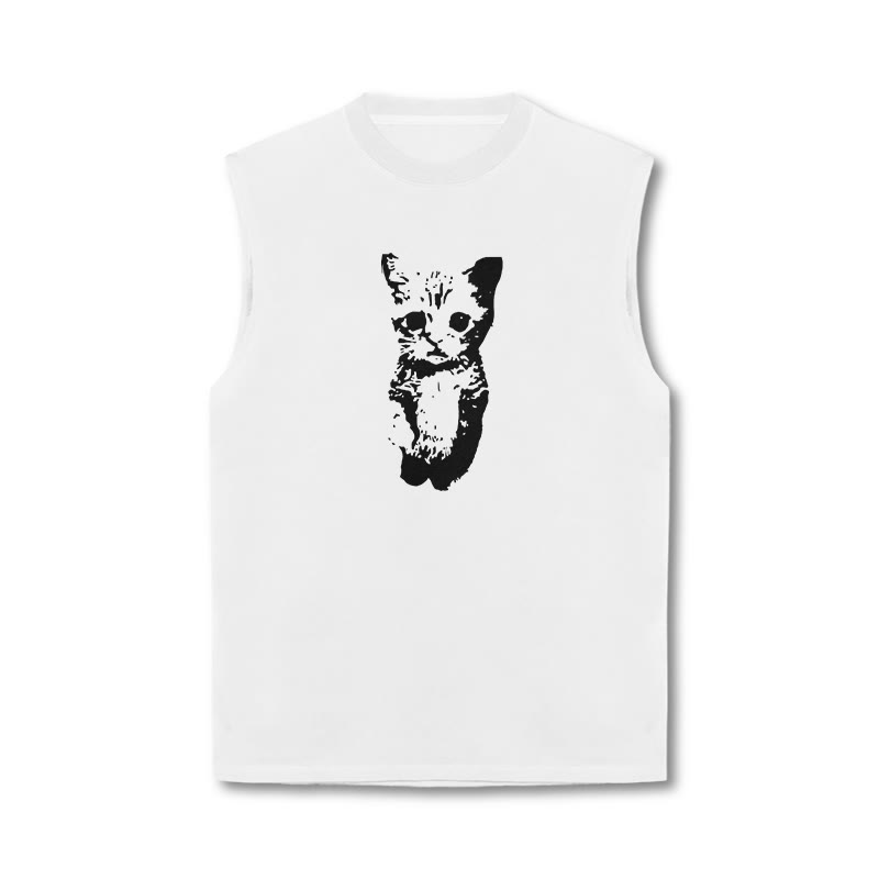 Unisex 100% Cotton Cute Cat Print Tank Top - White - US16-18(2XL) - image 2