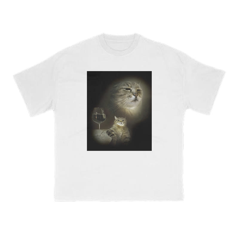 Unisex 100% Cotton Cat And Wine Print T-shirt - White - US20-22(3XL) - image 2