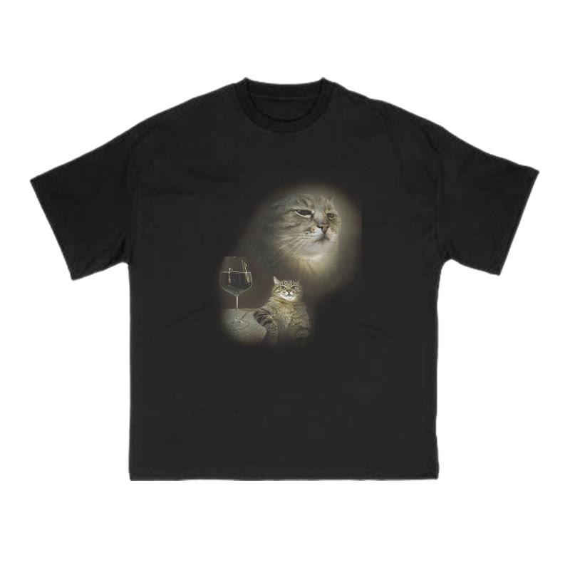 Unisex 100% Cotton Cat And Wine Print T-shirt - Black - US20-22(3XL) - image 1
