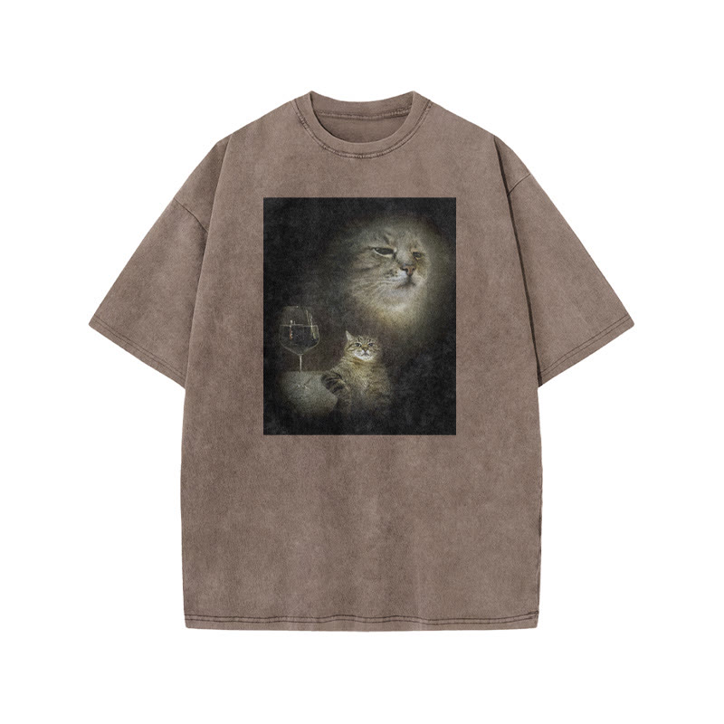Unisex 100% Cotton Cat And Wine Print Acid Washed T-shirt - Coffee - US20-22(3XL) - image 6