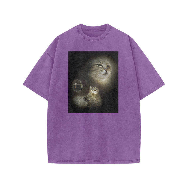 Unisex 100% Cotton Cat And Wine Print Acid Washed T-shirt - Purple - US20-22(3XL) - image 4