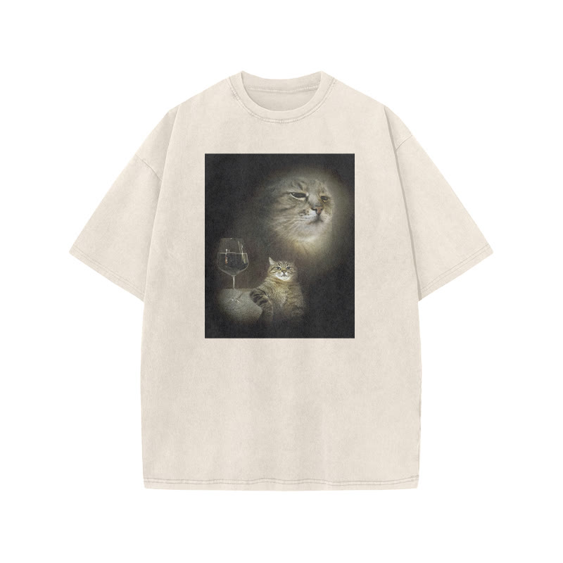 Unisex 100% Cotton Cat And Wine Print Acid Washed T-shirt - Beige - US20-22(3XL) - image 2