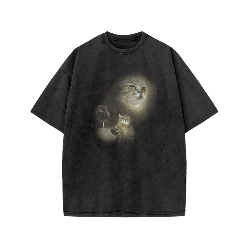 Unisex 100% Cotton Cat And Wine Print Acid Washed T-shirt - Black - US20-22(3XL) - image 1
