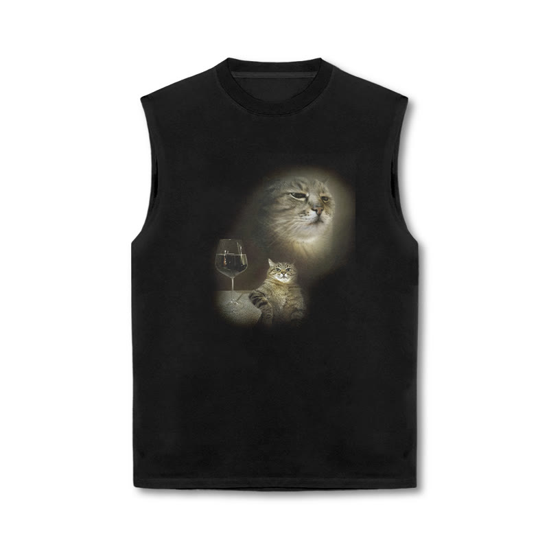 Unisex 100% Cotton Cat And Wine Print Tank Top - Black - US16-18(2XL) - image 1
